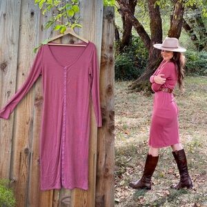 Rusty Rose Ribbed Snap Front Long Sleeve Midi Dress 🌿